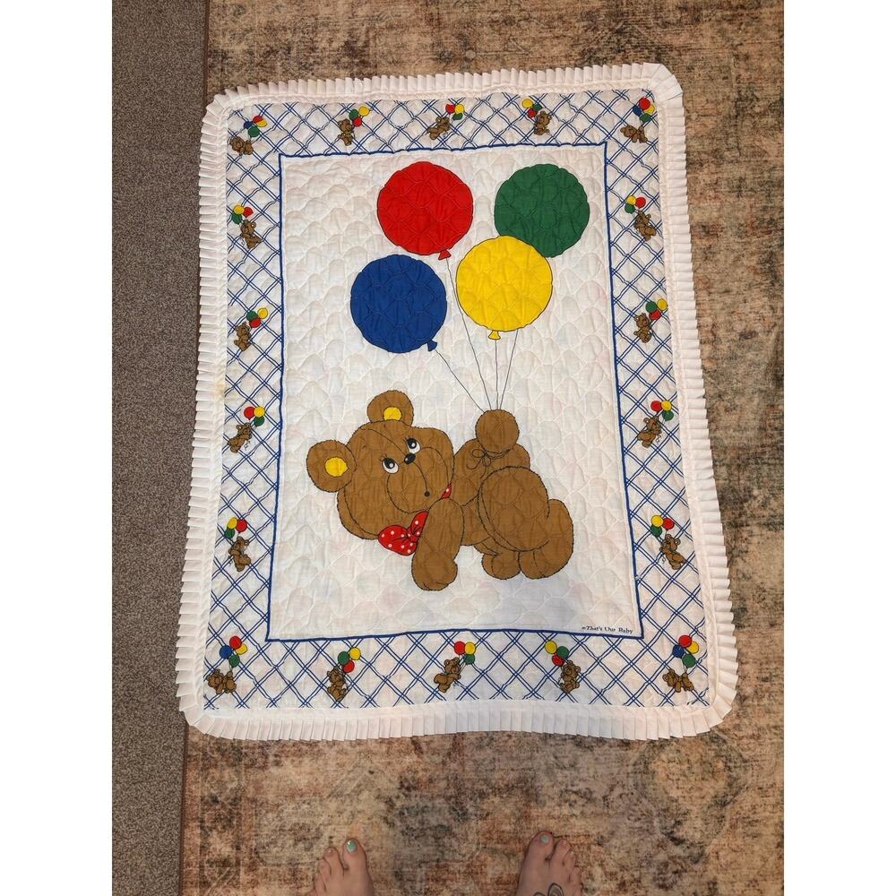 Vintage That’s Our Baby Teddy Bear Balloon Crib Quilt Blanket Ruffle
